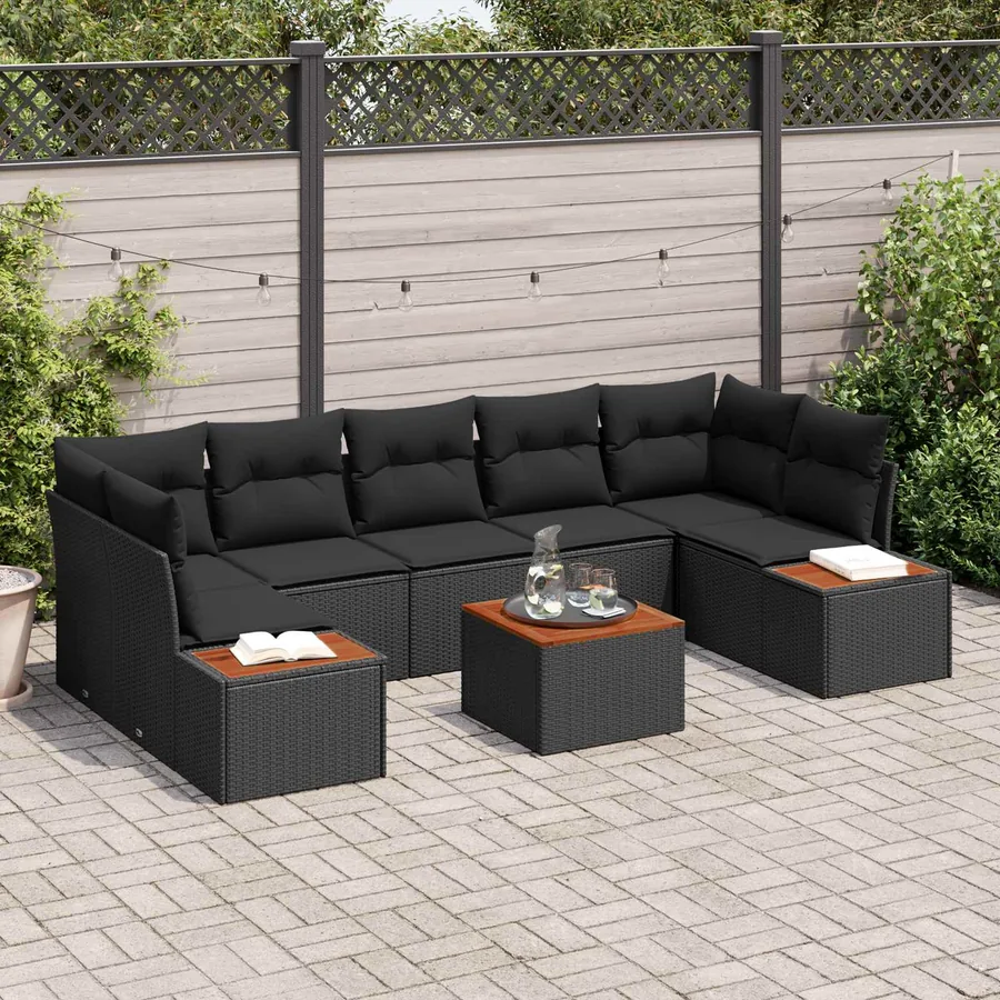 Ensemble de canapé de jardin avec coussin 8 pcs Noir Poly rotin