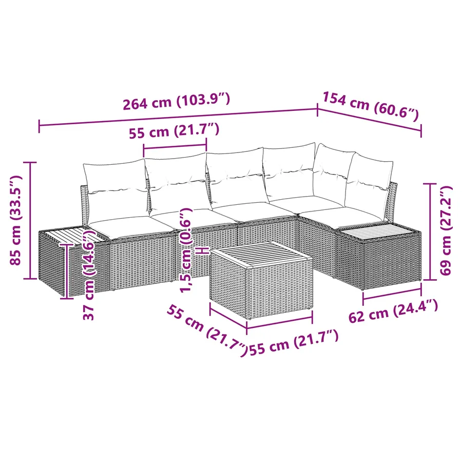 Ensemble de canapé de jardin avec coussin 6 pcs Noir Poly rotin - 13