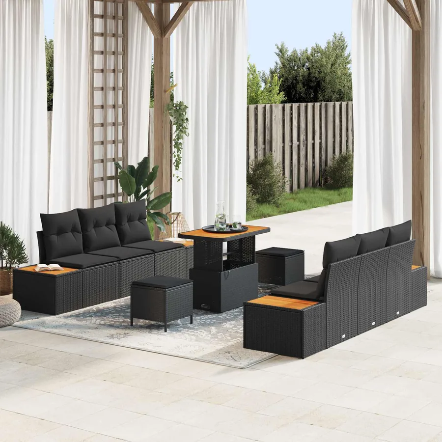 Ensemble de canapé de jardin avec coussin 9 pcs Noir Poly rotin
