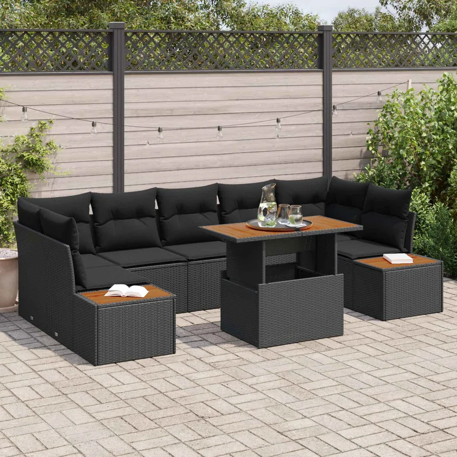 Ensemble de canapé de jardin 8 pcs Noir Poly rotin