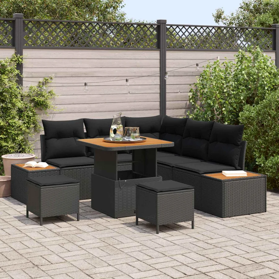 Ensemble de canapé de jardin avec coussin 8 pcs Noir Poly rotin