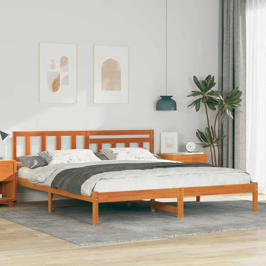 Cadre de lit avec tête de lit Brun cire 200 x 200 cm Pin massif