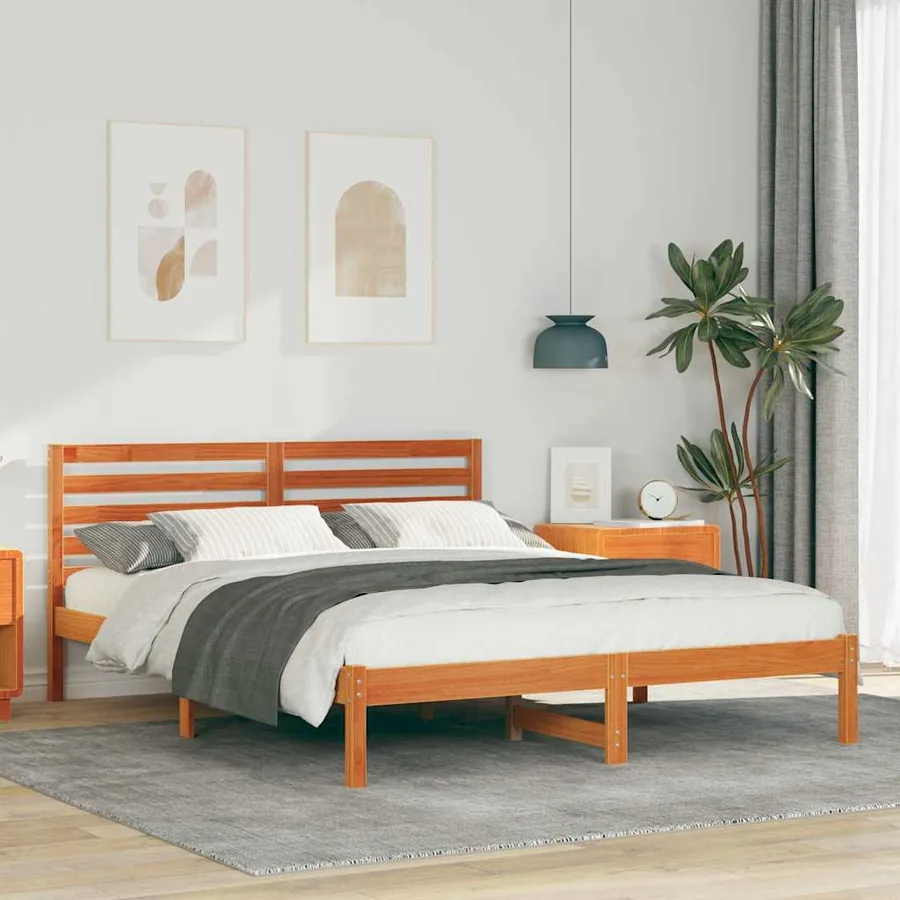 Cadre de lit avec tête de lit Brun cire 160 x 200 cm Pin massif