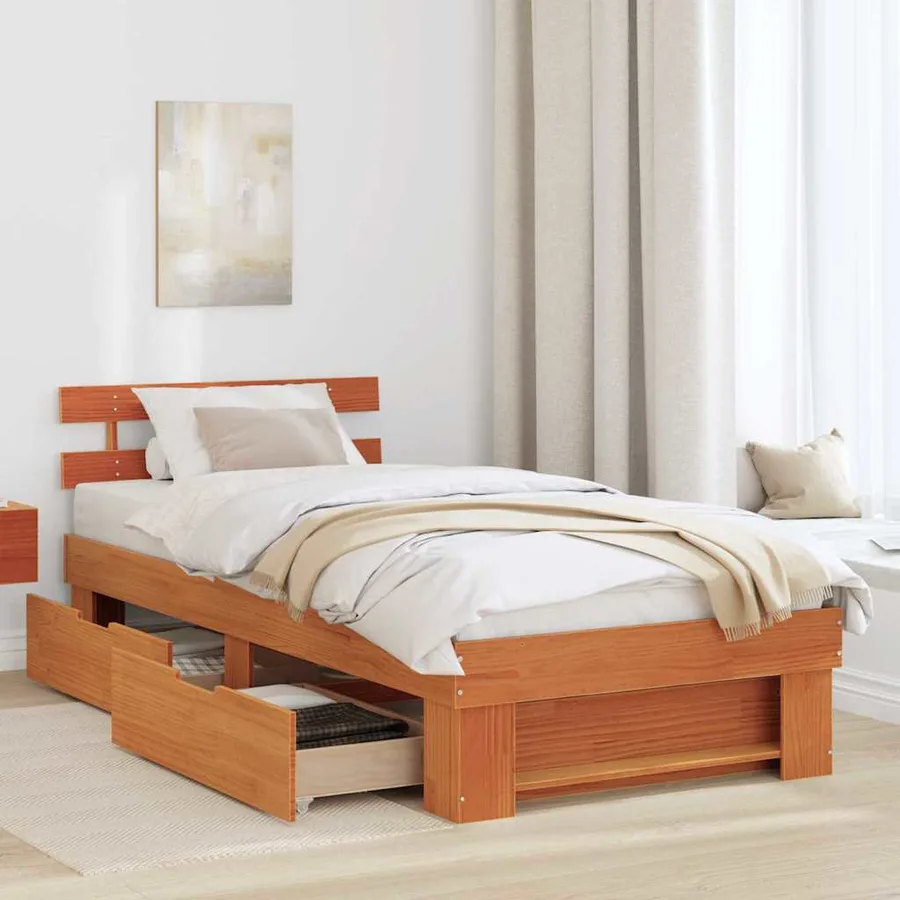 Cadre de lit avec tête de lit Brun cire 75 x 190 cm Pin massif - 3