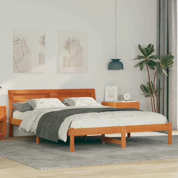 Cadre de lit avec tête de lit Brun cire 140 x 200 cm Pin massif
