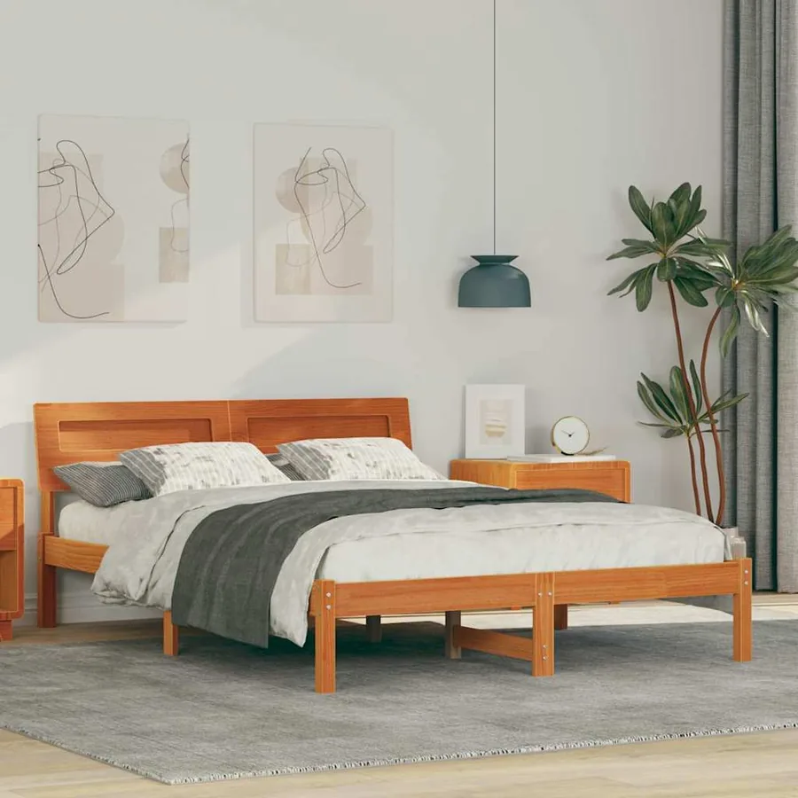 Cadre de lit avec tête de lit Brun cire 140 x 190 cm Pin massif