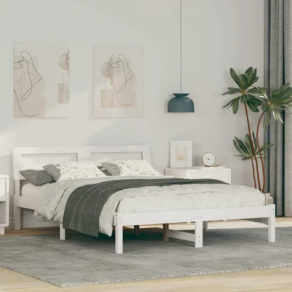 Cadre de lit avec tête de lit Blanc 135 x 190 cm Pin massif