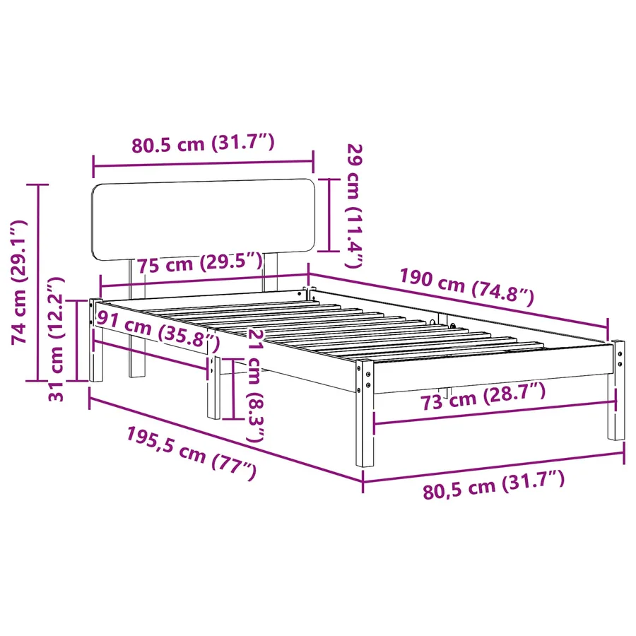 Cadre de lit avec tête de lit Blanc 75 x 190 cm Pin massif - 9