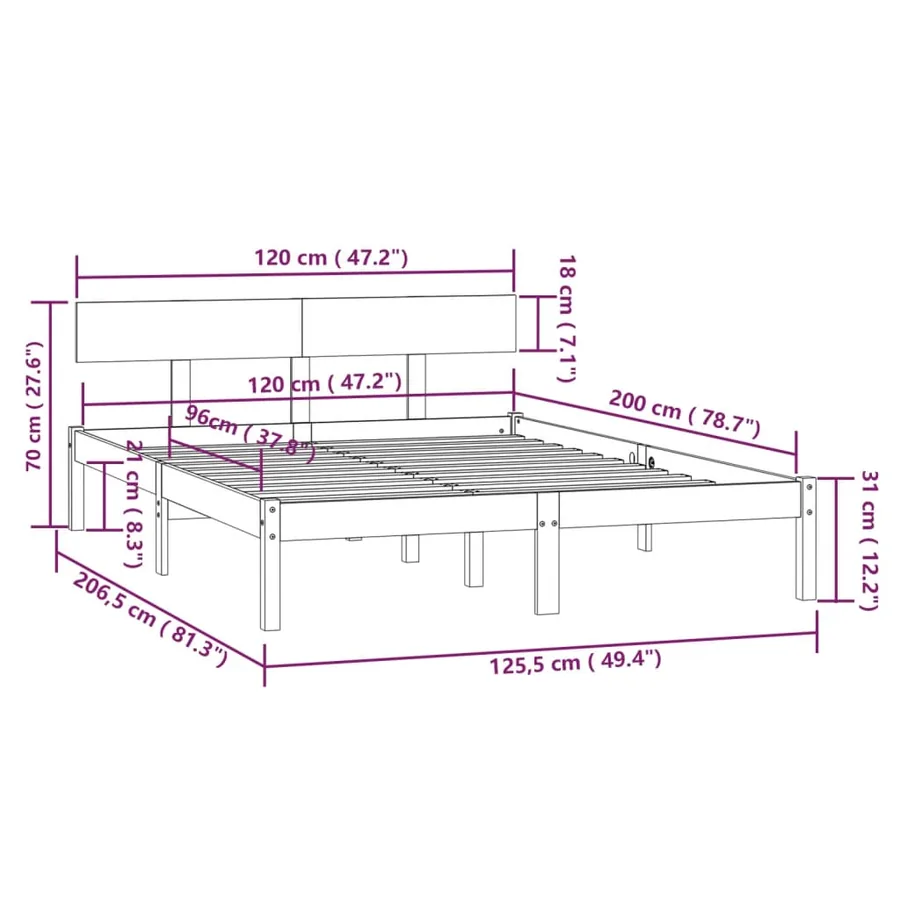 Cadre de lit sans matelas noir bois massif 120x200 cm - 9
