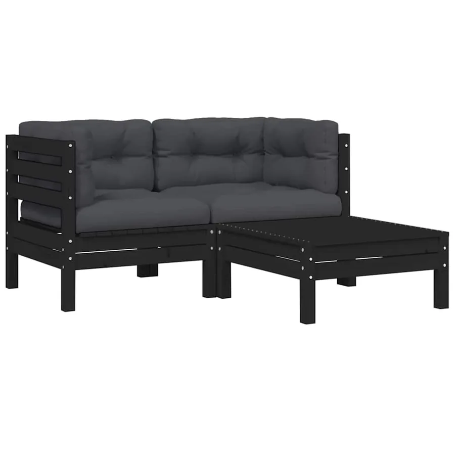Salon de jardin 3 pcs avec coussins Noir Bois de pin massif - 2