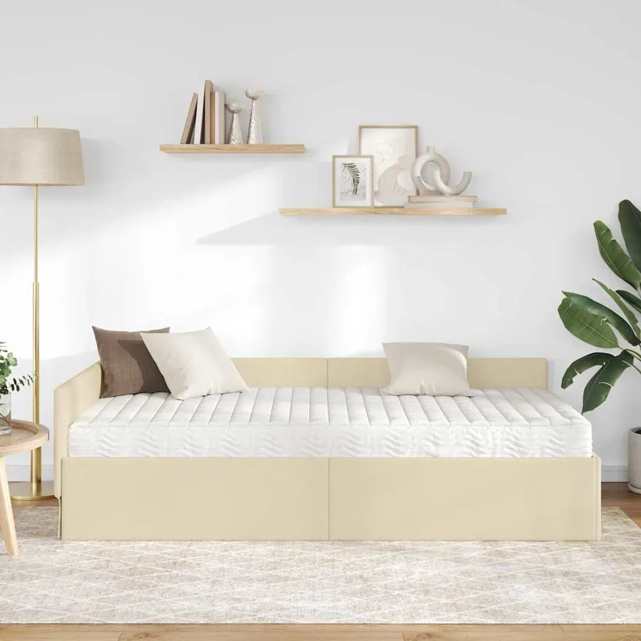 Cadre de lit d'angle avec matelas Autre 2 pcs Crème tissu - 3