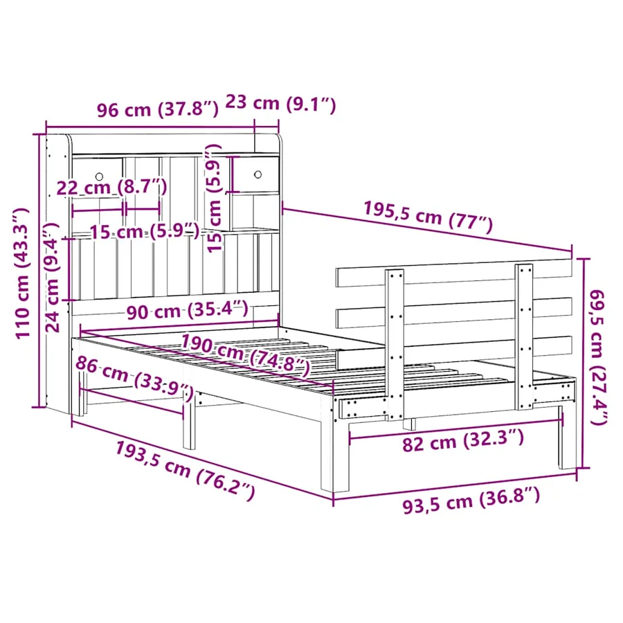 Lit bibliothèque sans matelas 90x190 cm bois de pin massif - 11