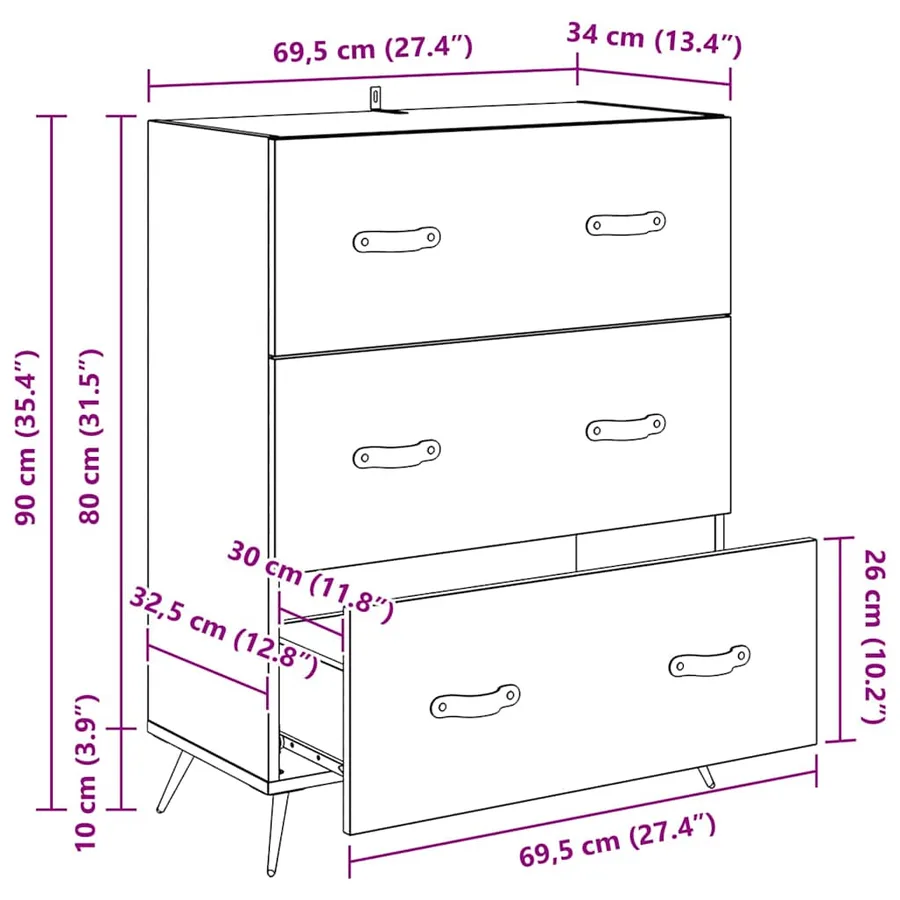 Commode 3-Tiroir Chêne Artisanal 69,5 x 34 x 90 cm - 16