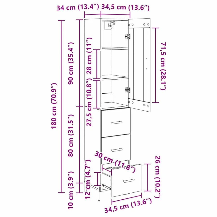Haut Armoire avec tiroir Chêne artisanal 34,5 x 34 x 180 cm - 16