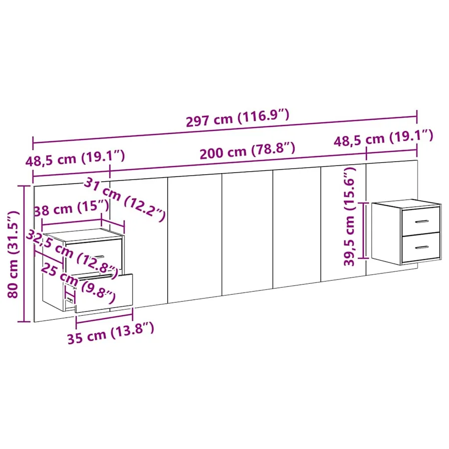 Tête de lit avec armoire 3 pcs Chêne noir Bois d'ingénierie - 15