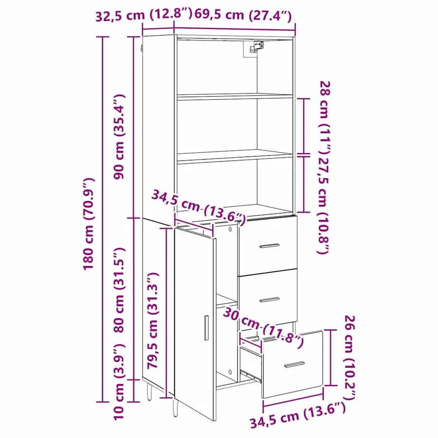 Haut Armoire avec tiroir Chêne noir 69,5 x 34 x 180 cm - 15