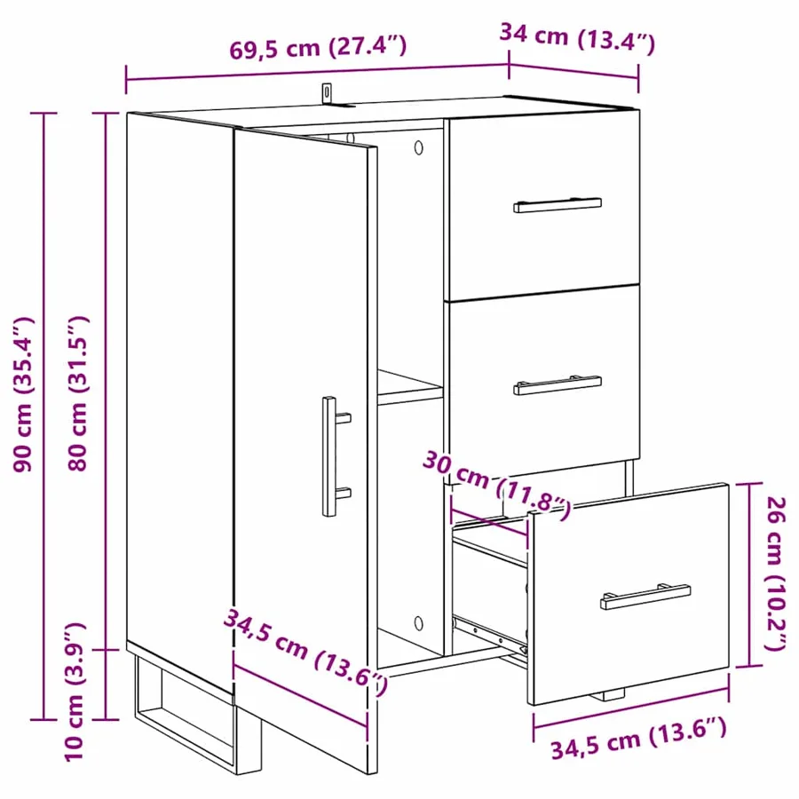 Buffet Chêne noir 69,5 x 34 x 90 cm Bois d'ingénierie et fer - 14