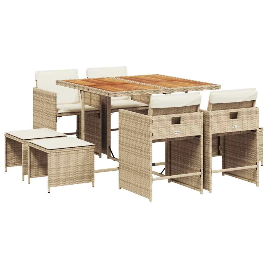 Ensemble à manger de jardin et coussins 9 pcs beige Poly rotin - 2