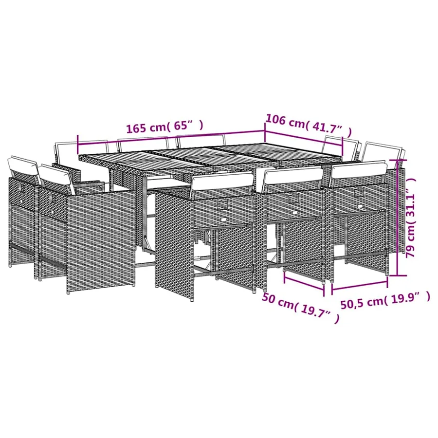 Ensemble à manger de jardin 11pcs avec coussins gris poly rotin - 8