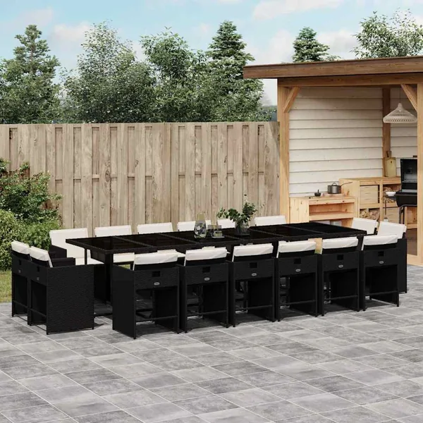 Ensemble à manger de jardin 17 pcs coussins noir résine tressée