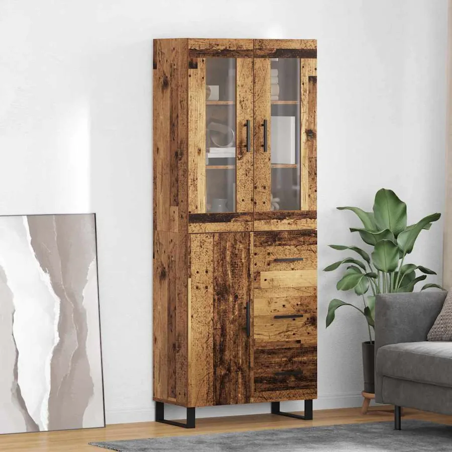 Haut Armoire 2 pcs Bois Ancien Bois Aggloméré et Verre