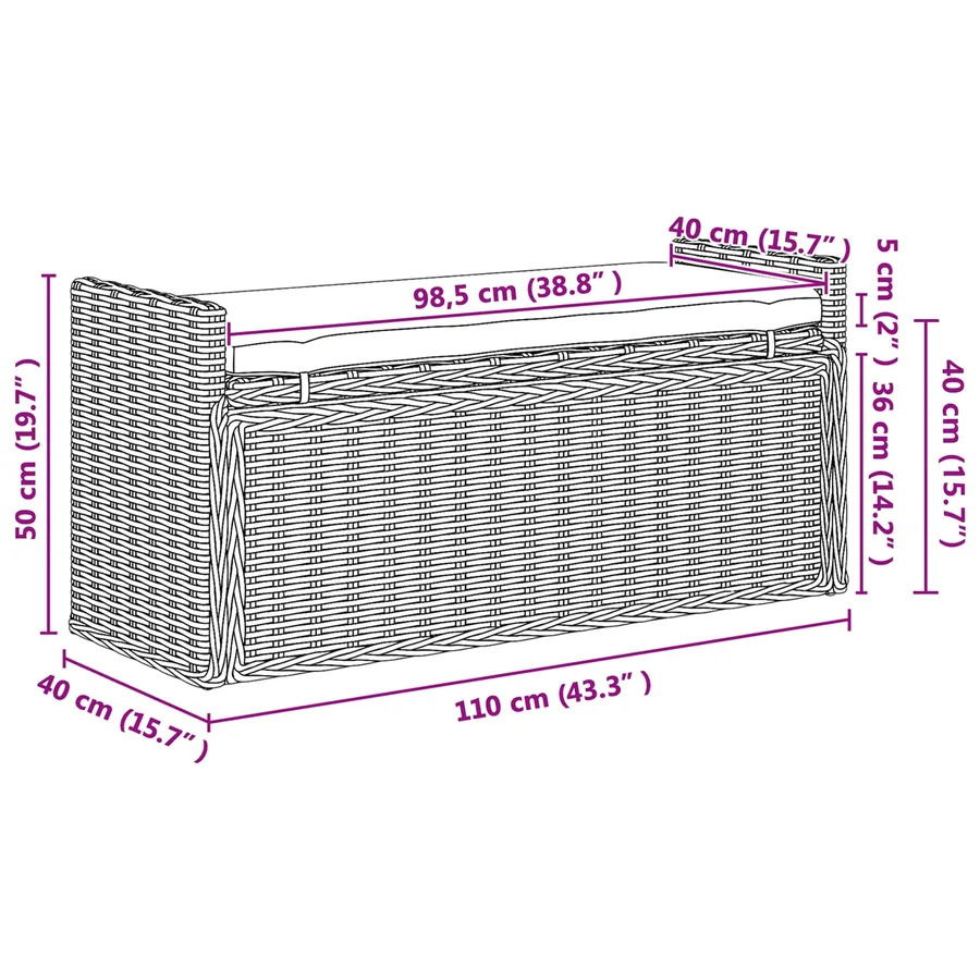 Banc de rangement Noir Blanchi 110 x 40 x 50 cm Rotin - 12