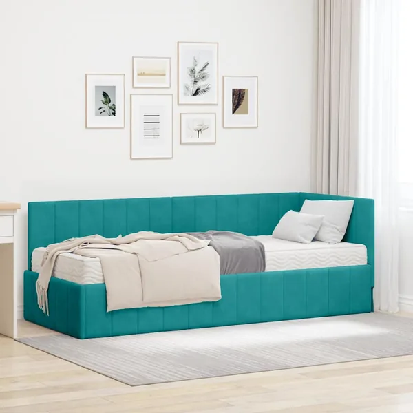 Cadre de lit d'angle avec matelas 2 pcs Turquoise Velours