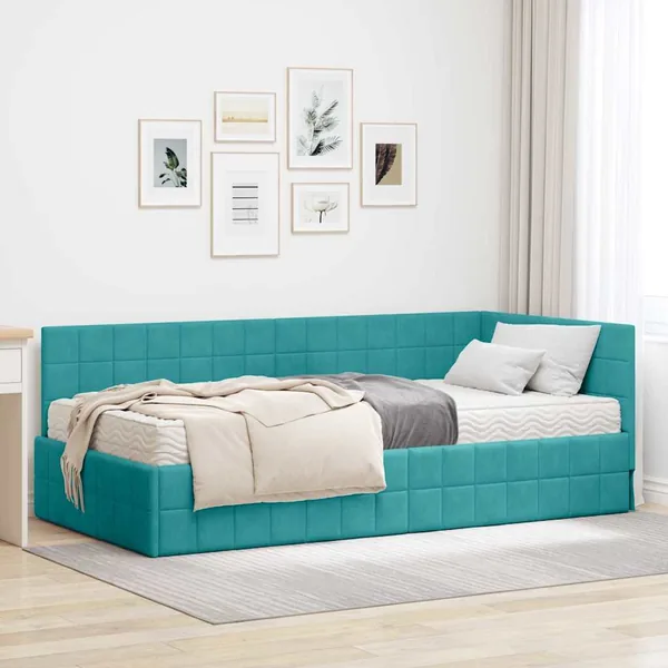Cadre de lit d'angle avec matelas 2 pcs Turquoise Velours