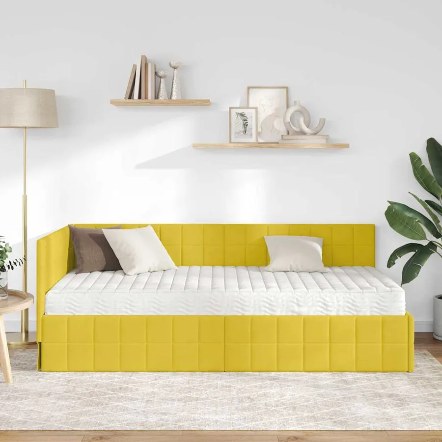 Cadre de lit d'angle avec matelas 2 pcs Jaune Velours - 3