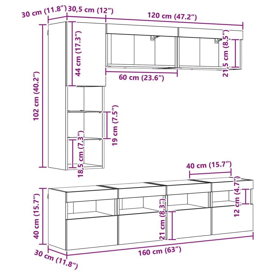 Meuble TV avec LED 7 pcs Bois ancien Bois d'ingénierie - 16