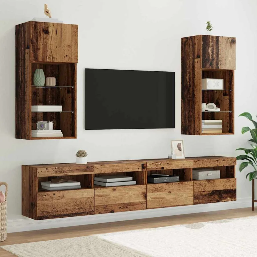 Meubles TV muraux avec LED 2 pcs Bois ancien 40,5 x 30 x 90 cm