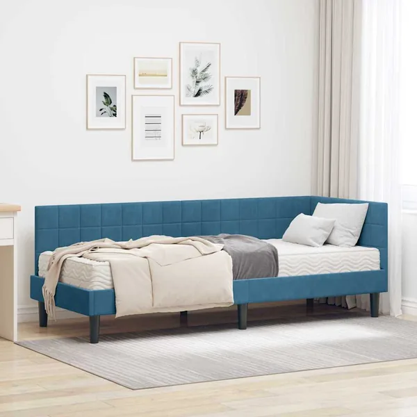 Cadre de lit d'angle avec matelas 2 pcs Bleu Velours