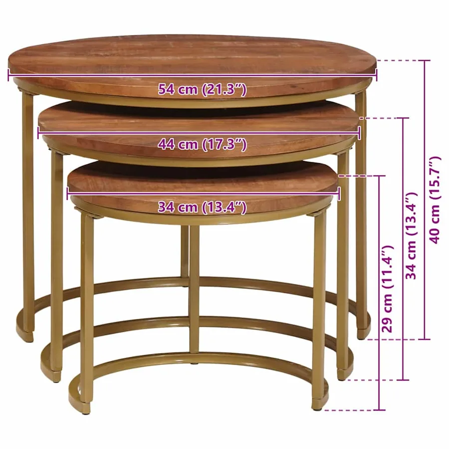 Tables basses gigognes 3 pcs Bois de mangue massif et acier - 12