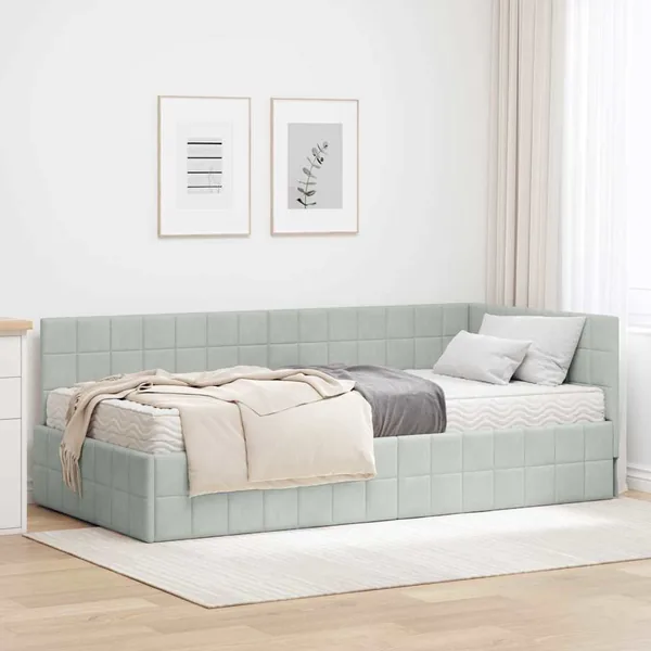 Cadre de lit d'angle avec matelas 2 pcs Gris clair Velours