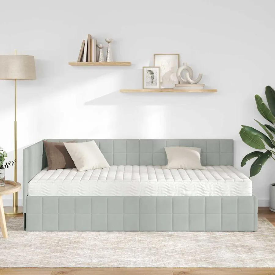 Cadre de lit d'angle avec matelas 2 pcs Gris clair Velours - 3