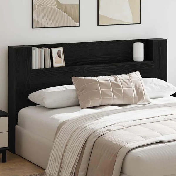 Tête de lit de rangement avec LED Chêne noir Bois d'ingénierie