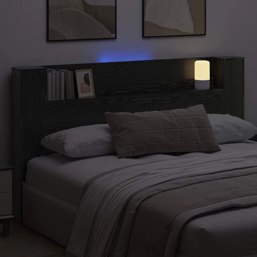 Tête de lit de rangement avec LED Chêne noir Bois d'ingénierie - 4