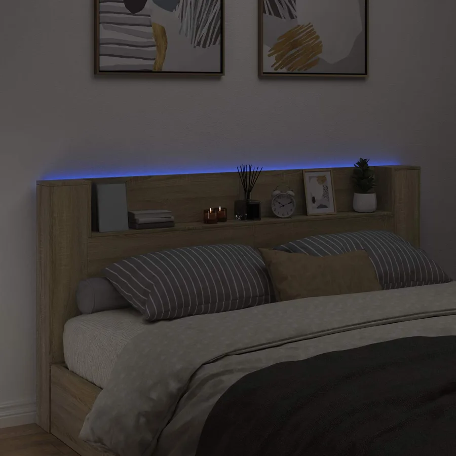Tête de lit de rangement avec LED Chêne Sonoma - 4