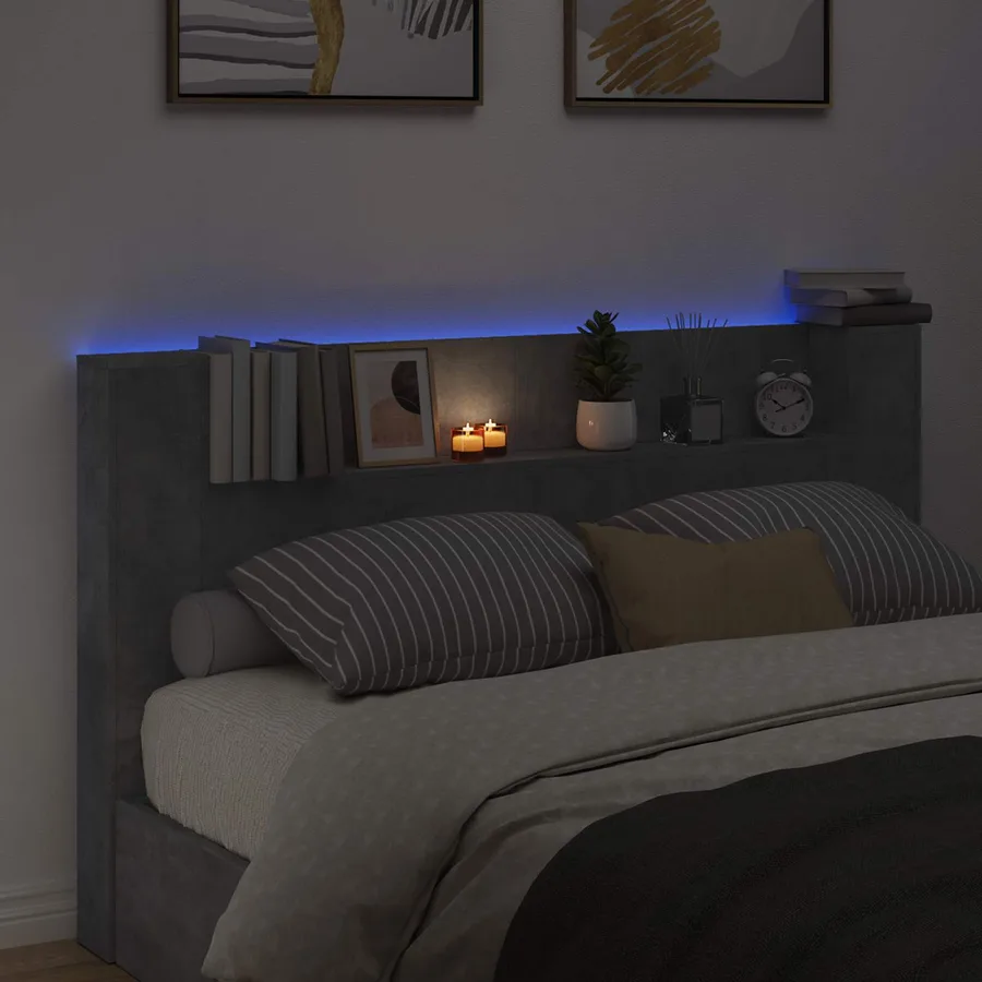 Tête de lit de rangement avec LED Gris béton Bois d'ingénierie - 4