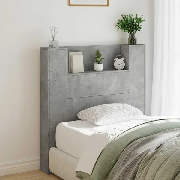 Tête de lit de rangement avec LED Gris béton Bois d'ingénierie