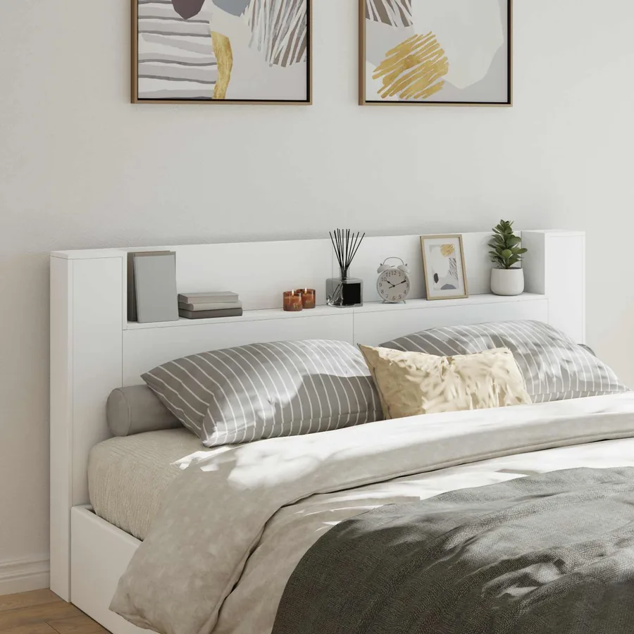 Tête de lit de rangement avec LED Blanc Bois d'ingénierie