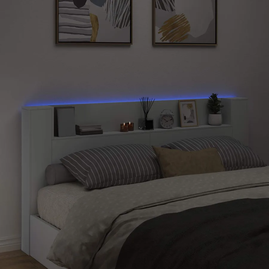 Tête de lit de rangement avec LED Blanc Bois d'ingénierie - 4