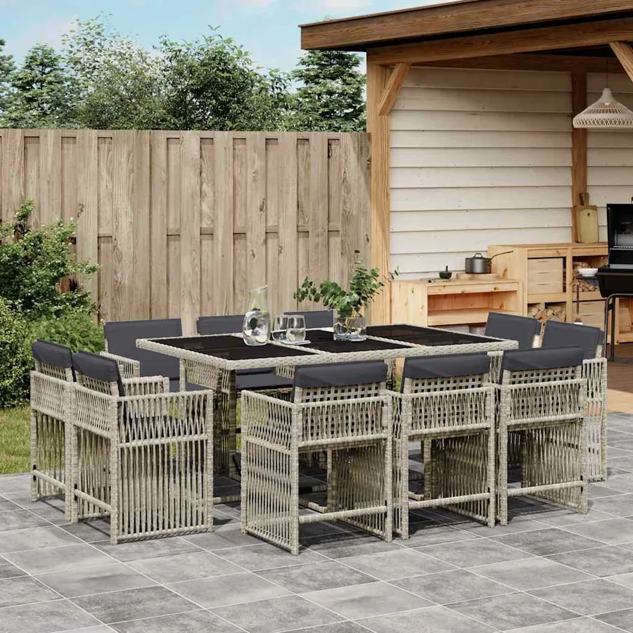 Ensemble à manger de jardin 11pcs avec coussins gris poly rotin
