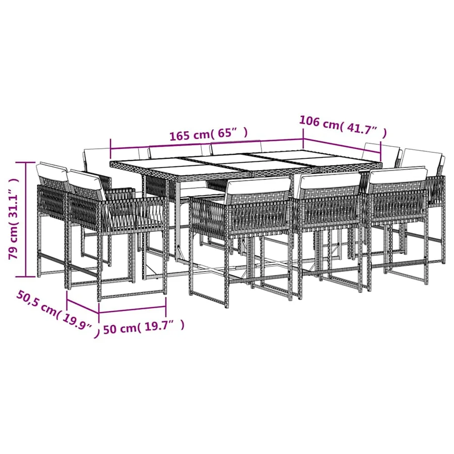 Ensemble à manger de jardin 11pcs avec coussins gris poly rotin - 8