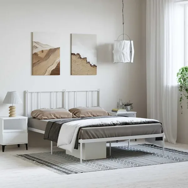 Cadre de lit métal sans matelas et tête de lit blanc 150x200 cm
