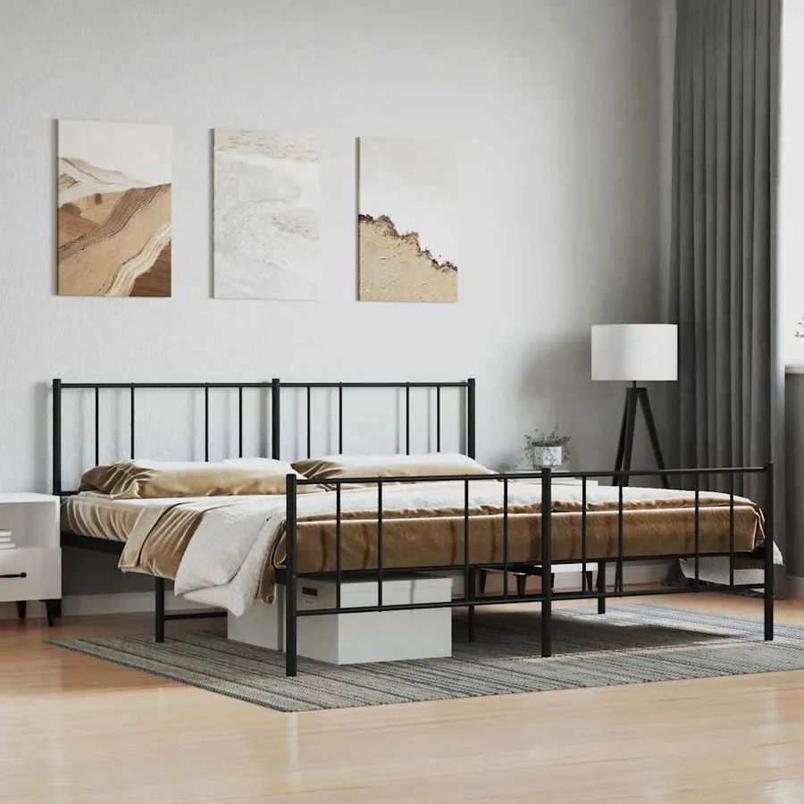 Cadre de lit métal sans matelas avec pied de lit noir 193x203cm