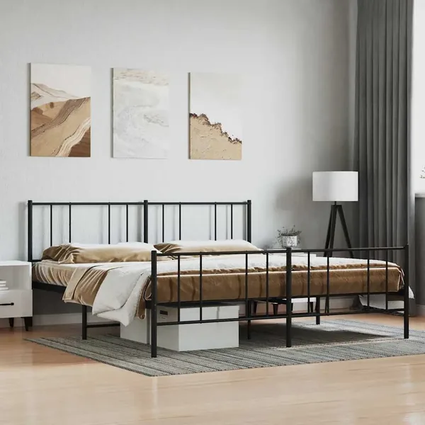 Cadre de lit métal sans matelas avec pied de lit noir 193x203cm