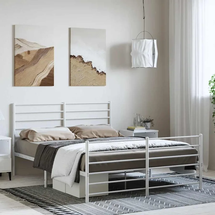 Cadre de lit métal sans matelas et pied de lit blanc 135x190 cm