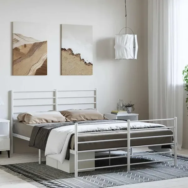 Cadre de lit métal sans matelas et pied de lit blanc 135x190 cm