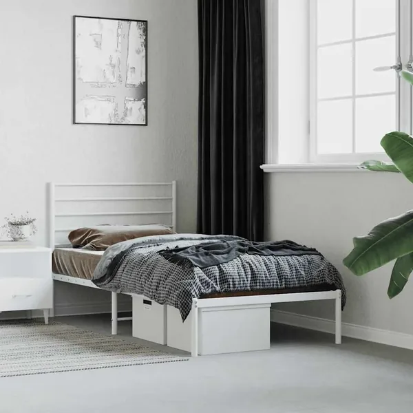 Cadre de lit métal sans matelas avec tête de lit blanc 75x190cm